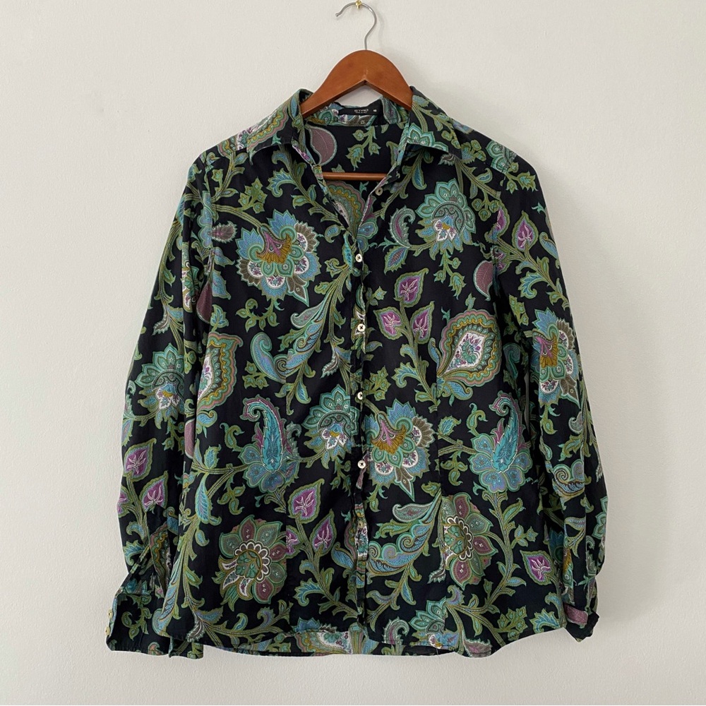 ETRO Italy Luxury Paisley Cotton Button Down Blouse Top Black Teal Purple IT 48